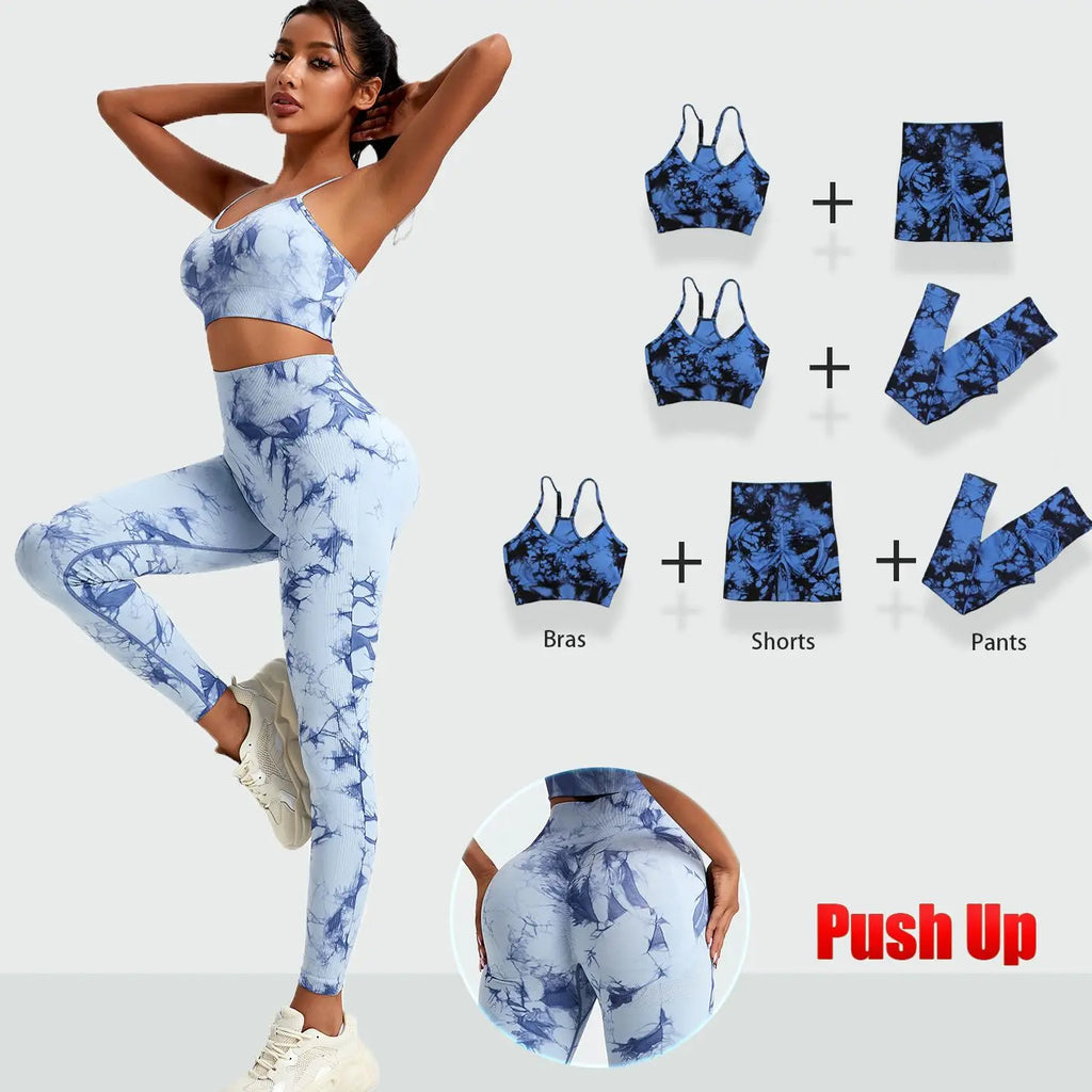 Stylish Tie Dye Seamless Women Activewear Set High Waist Sport Stretch Pants and Tops for Running and Fitness. Ideal for workouts.