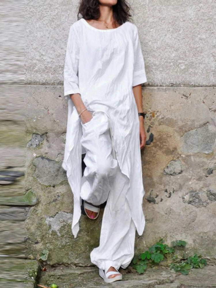 Casual Loose Cotton Linen Top with Irregular Hem and Round Neck Paired with Elegant Loose Leg Pants Two Piece Set
