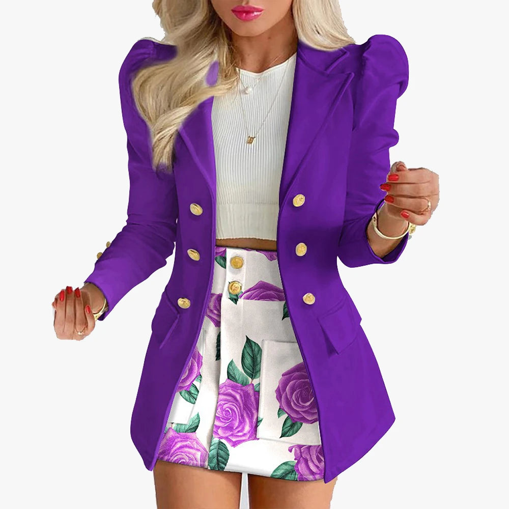 Printed Women Slim Fit Office Suit Set With Short Skirt