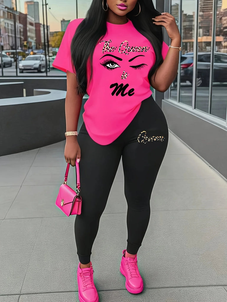 Plus Size Women's Fitness Outfit Set with Abstract Figure Print T-Shirt and Stretchy Comfy Pants