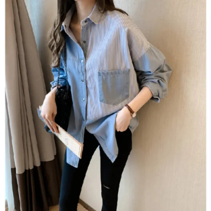 Stylish Loose Fit Women’s Denim Shirt Long Sleeve Cotton Casual Button-Up Korean Style for autumn and winter wear.