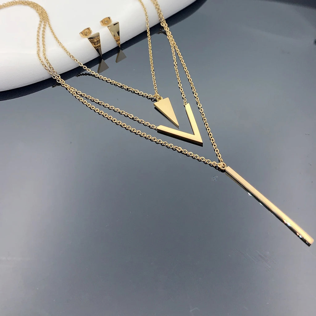 Elegant 3 Piece Women's Stainless Steel V-Shaped Geometric Pendant Necklace and Earrings Set, perfect for modern style.