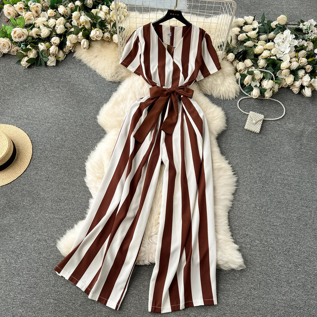 Sleeveless V Neck Stripe Jumpsuit for Women with Lace Up Bow Detail, perfect for summer and Korean-inspired style.