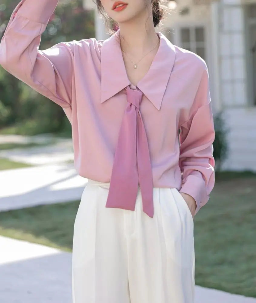 Soft Pink Long Sleeve Women’s Shirt Elegant Casual Commuter Top with Gentle Feminine Style, perfect for spring outings.