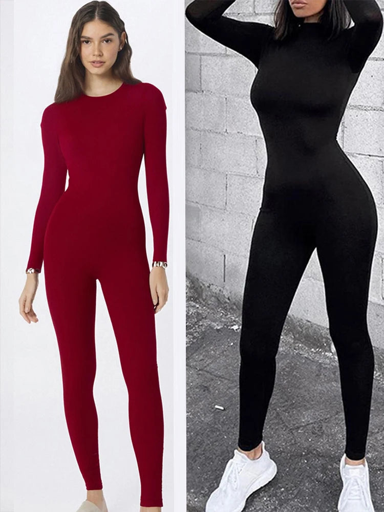 Autumn Red Long Sleeve Jumpsuit For Women Slim Fit O-Neck Bodycon Casual Sporty Streetwear Romper showcased in stylish wear.