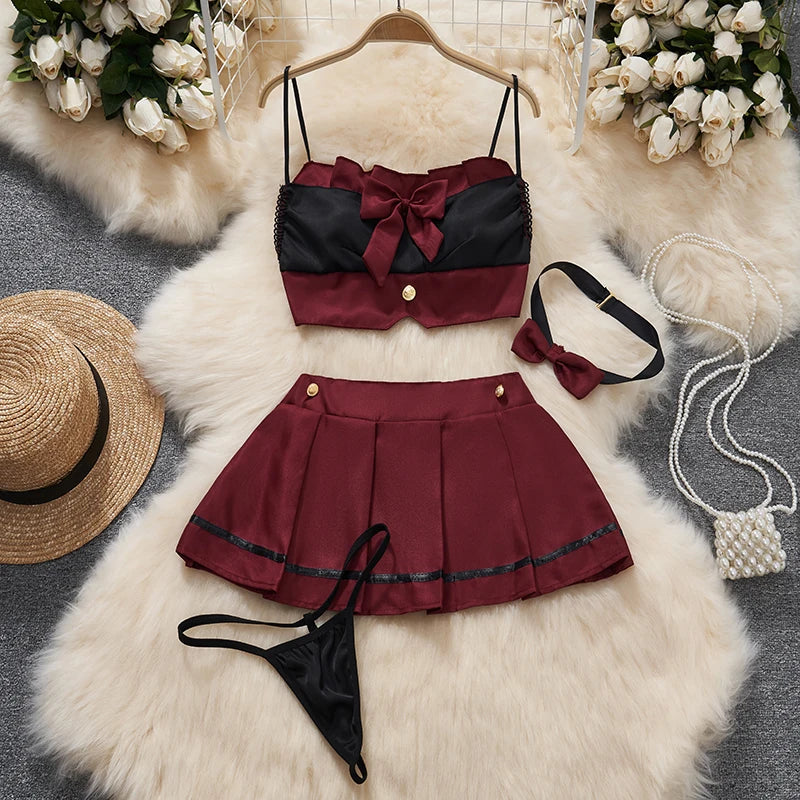 Sexy Lingerie Two Piece Skirt Set Bow Crop Top For Women