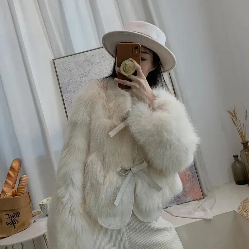 Women Faux Fur Coat Lace Up Short Korean Style Thick Top