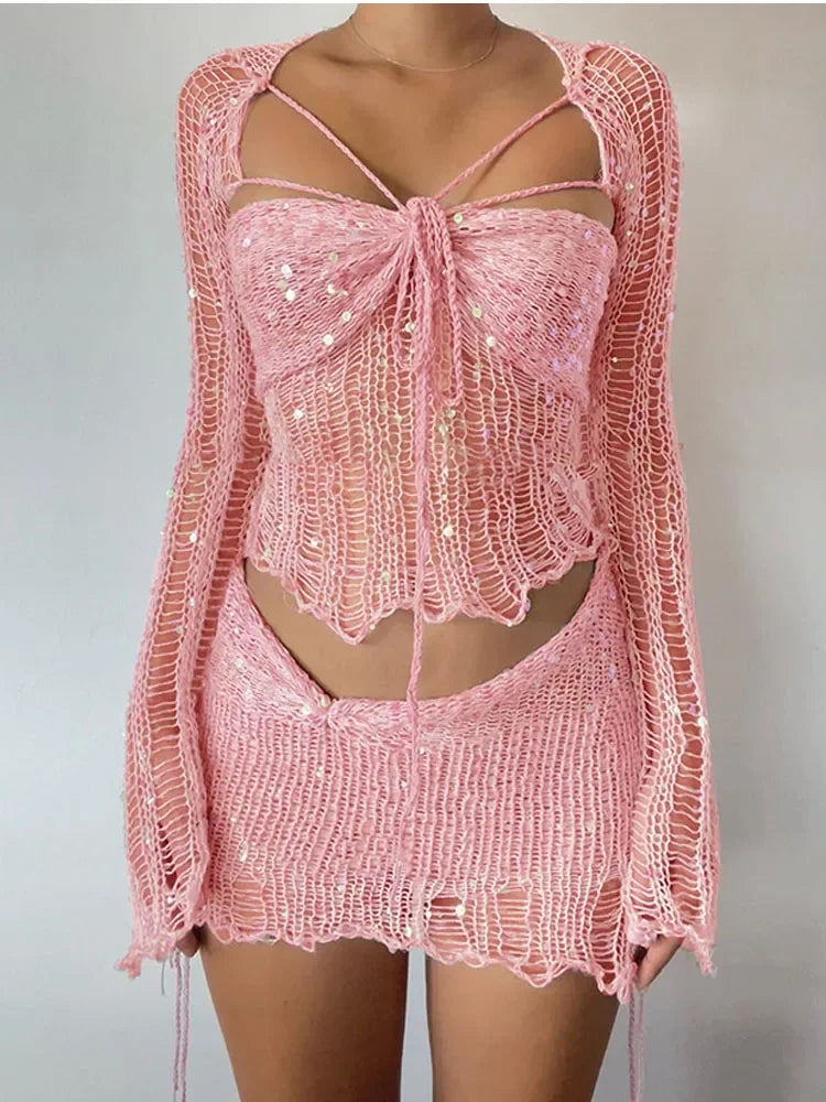 Sequin Knit Bodycon Set for Women See Through Hollow Out