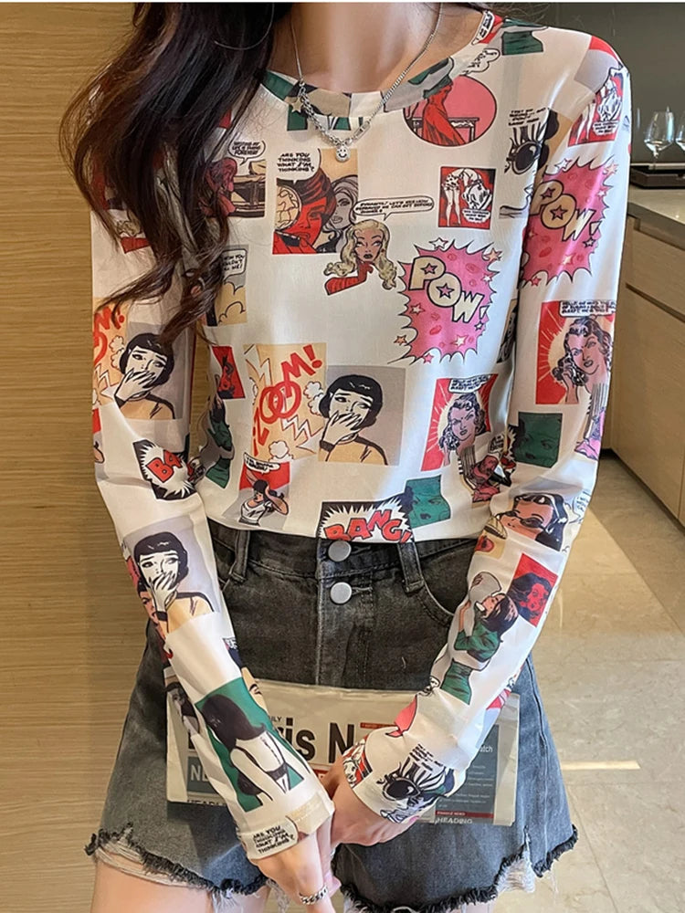 Stylish Women's Sexy See-Through Mesh Blouse Long Sleeve Transparent Elegant Printed Shirt Fashion Top by AOSSVIAO.