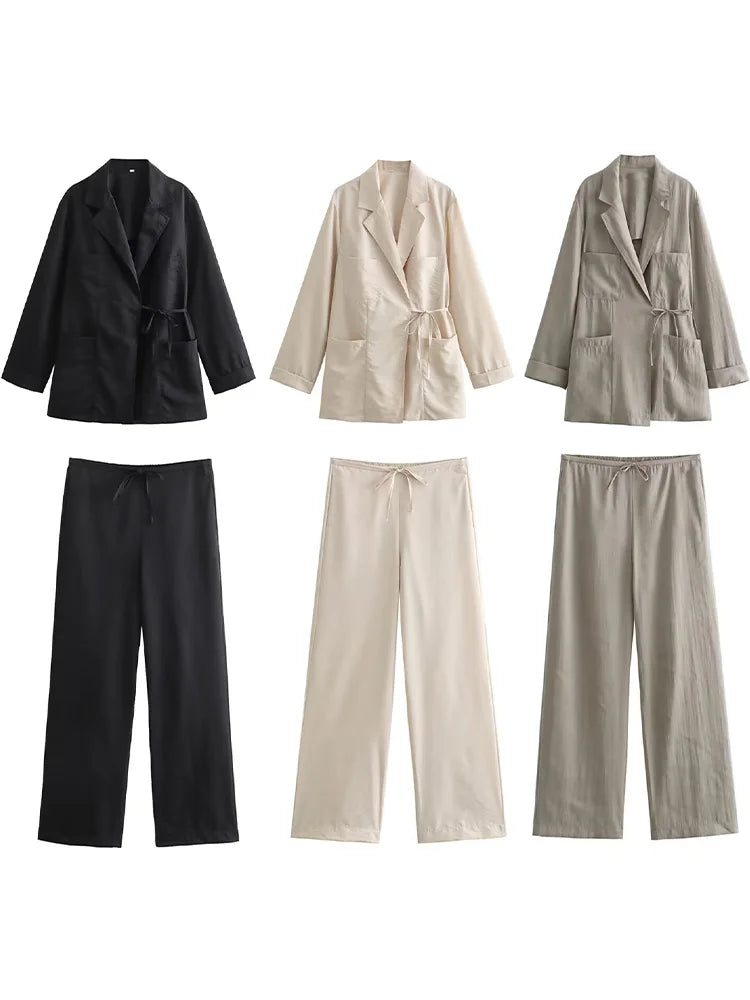 Grey Lace Up Coat Two Piece Set With Pockets And Vintage Drawstring Trousers