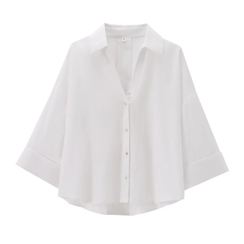 Elevate your summer wardrobe with the Women’s Slimming Linen Blend Shirt with Wide Sleeves French Style Casual Chic.