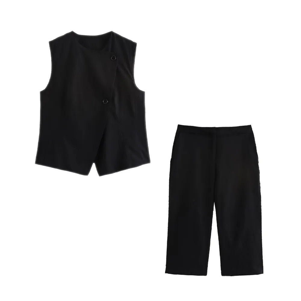 Chic Black Double Breasted Vest and Straight Leg Long Casual Shorts Set for Women, perfect for stylish autumn outings.