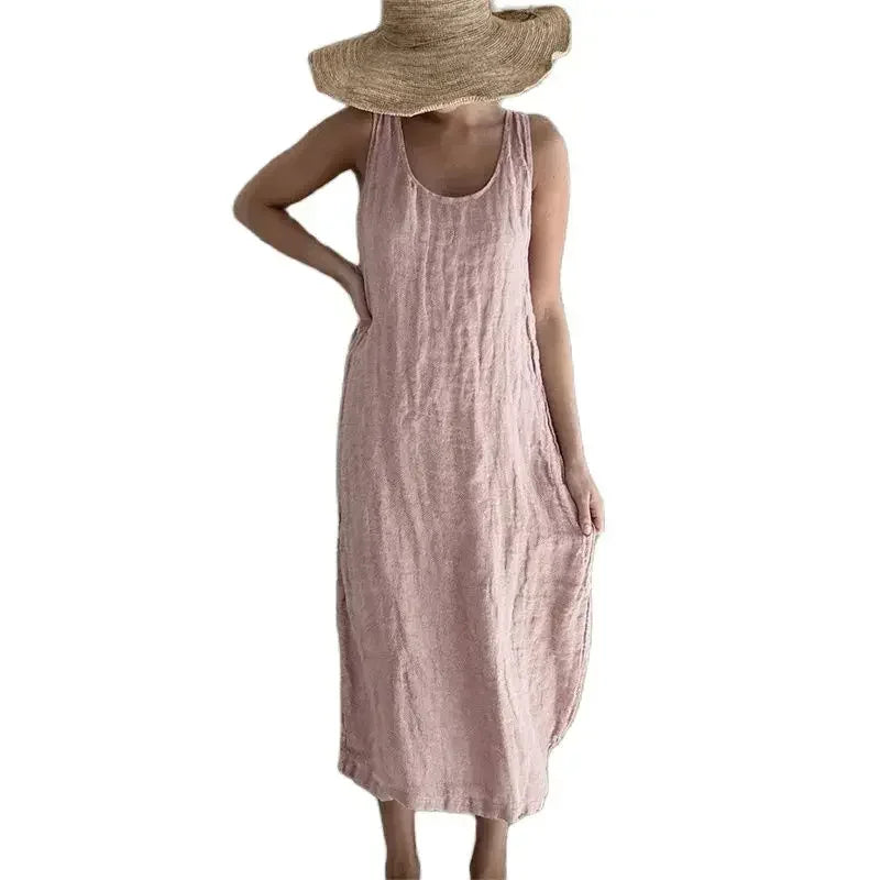 Women Cotton Linen Dress With Side Pockets O Neck Sleeveless