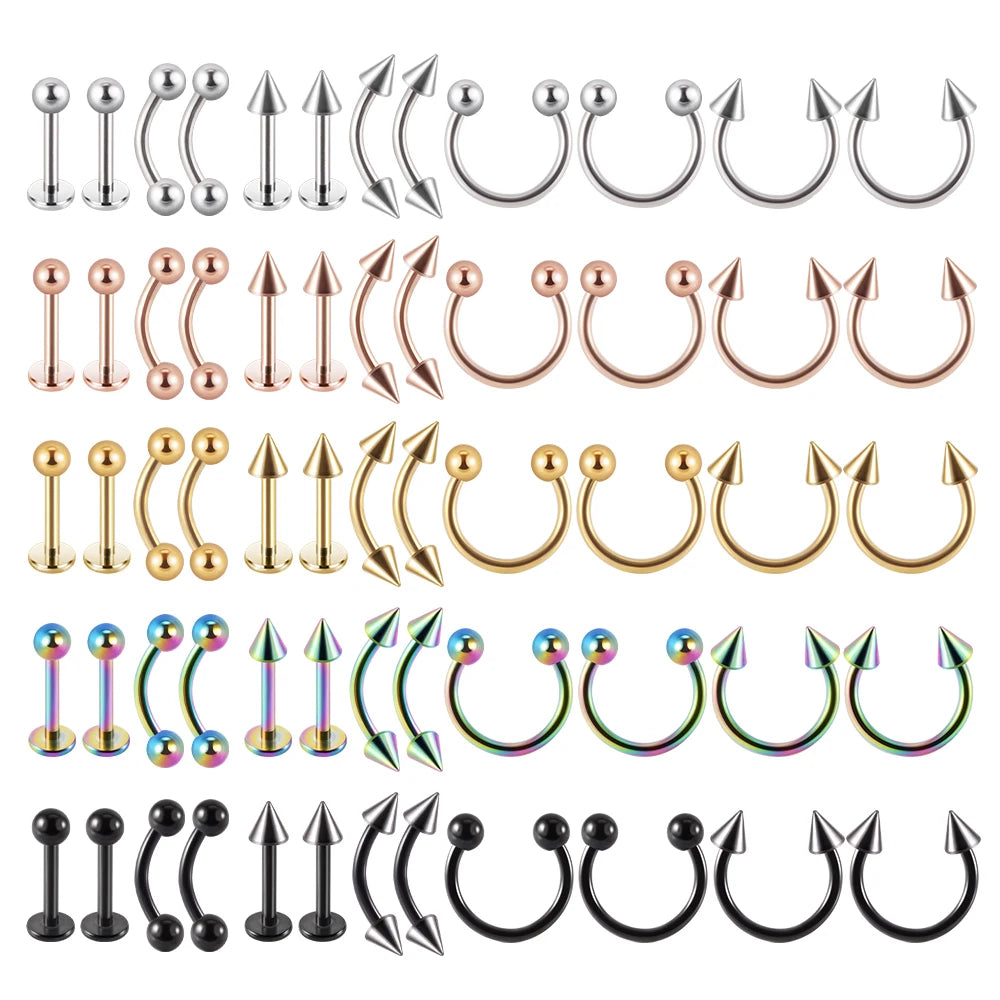 12 Piece Surgical Steel Piercing Jewelry Set with Gold Plated Black Rainbow Ear Nose and Eyebrow Labret 8mm displayed elegantly.