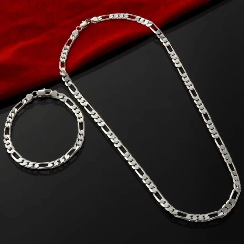 925 Silver 4MM Chain Bracelet Necklace Jewelry Set for Men and Women, ideal for charms and wedding gifts, showcasing elegance.