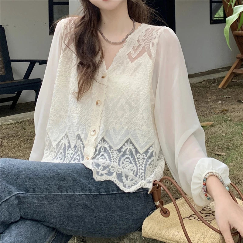 Stylish Lace Crochet Women's Blouse with V-Neck Patchwork Long Sleeve Single Breasted Shirt for Spring and Summer by REALEFT.