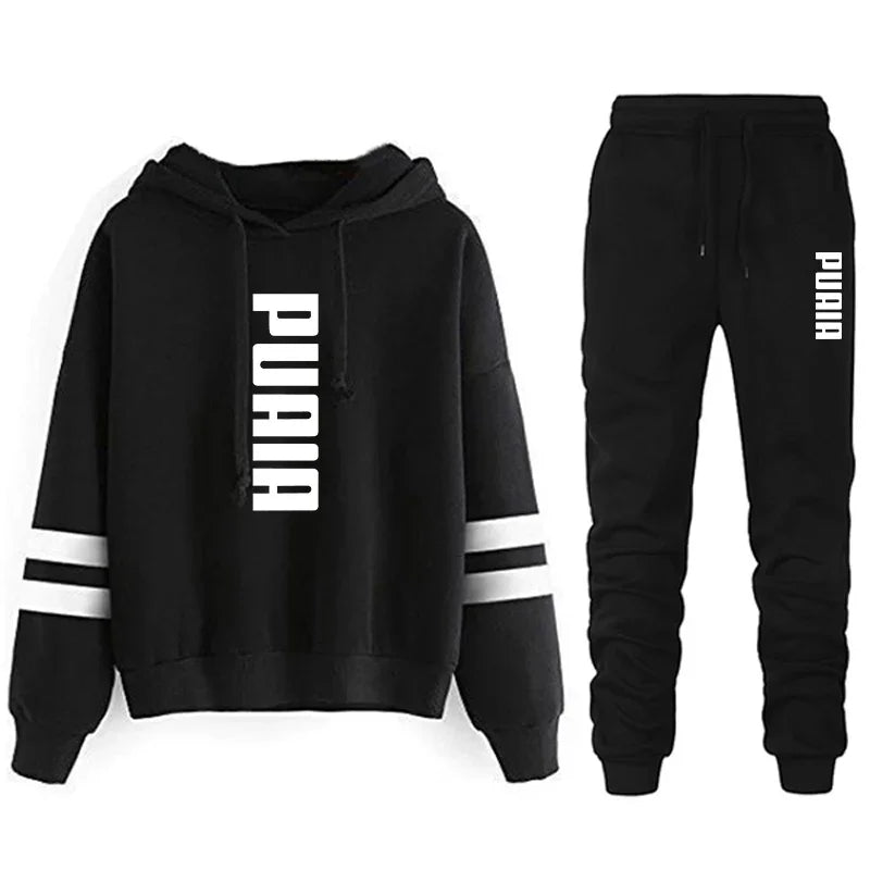 Autumn Winter Women's Hooded Sweatshirt and Jogging Set, lightweight sportswear with stripe detail for comfortable outdoor wear.