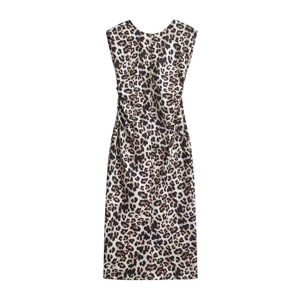 Leopard Print Sleeveless Midi Dress With Round Neck