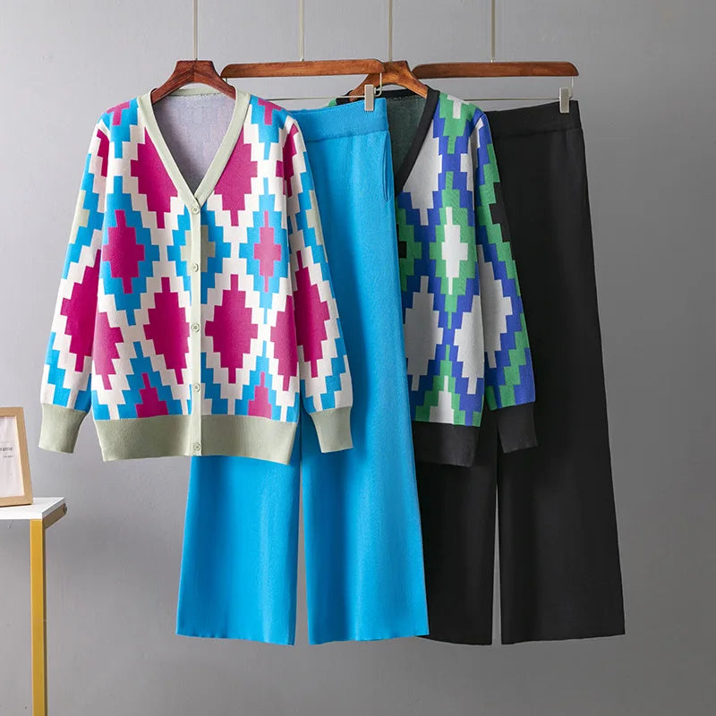 Women Casual V-neck Argyle Knit Cardigan and High Waist Wide Leg Pants Set in vibrant colors, perfect for stylish fall outfits.