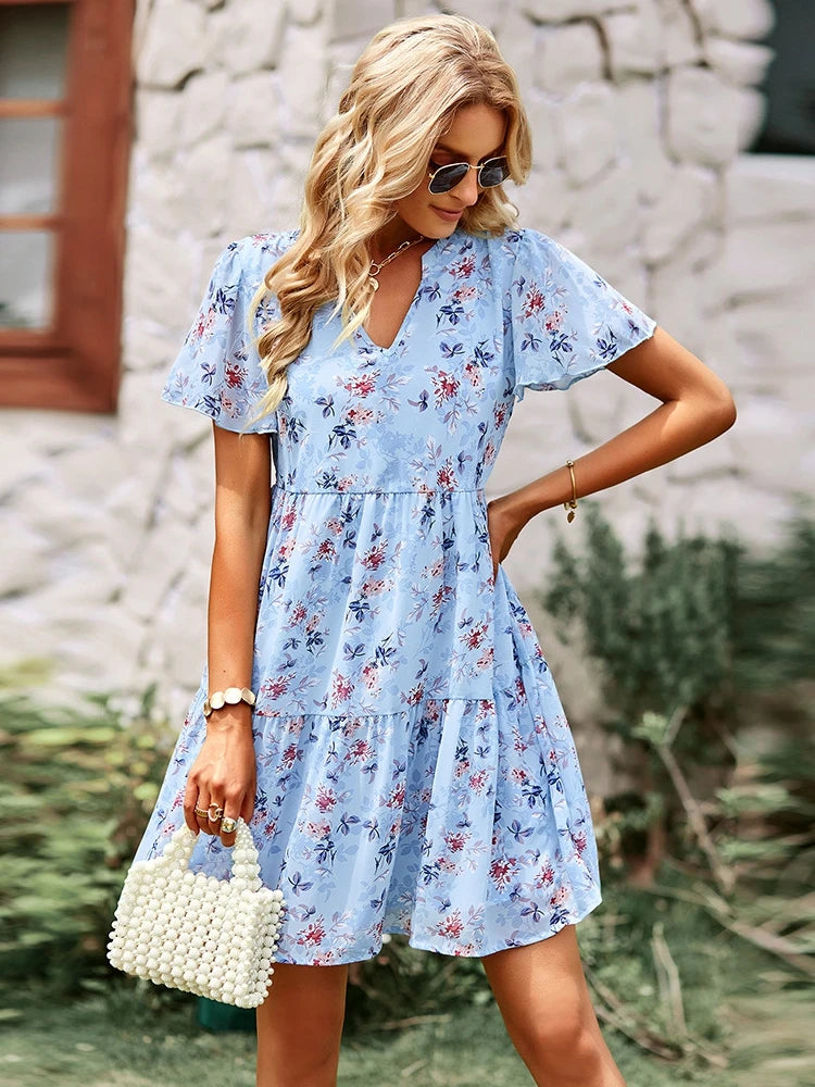 Floral Print V Neck Dress For Women Short Sleeve Loose