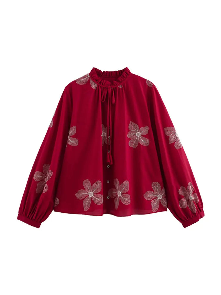Elegant TRZA Women’s Floral Embroidered Long Sleeve Button-Up Blouse Chic Shirt Top with delicate floral designs.