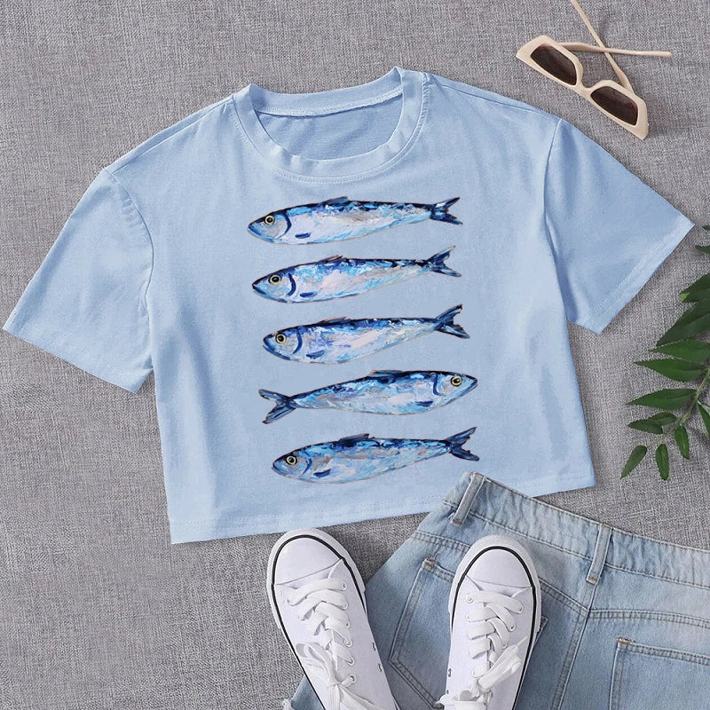 Personalized Y2K Trend Sardine Printed Casual T-Shirt for Women