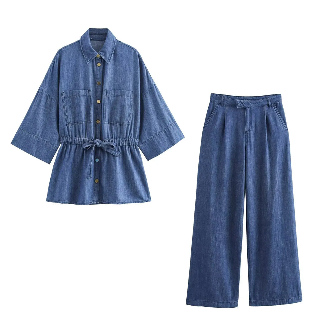 Women’s Slim Fit Denim Shirt with Thunderstyle Bow and Zipper Paired with Wide Leg Loose Long Pants Set