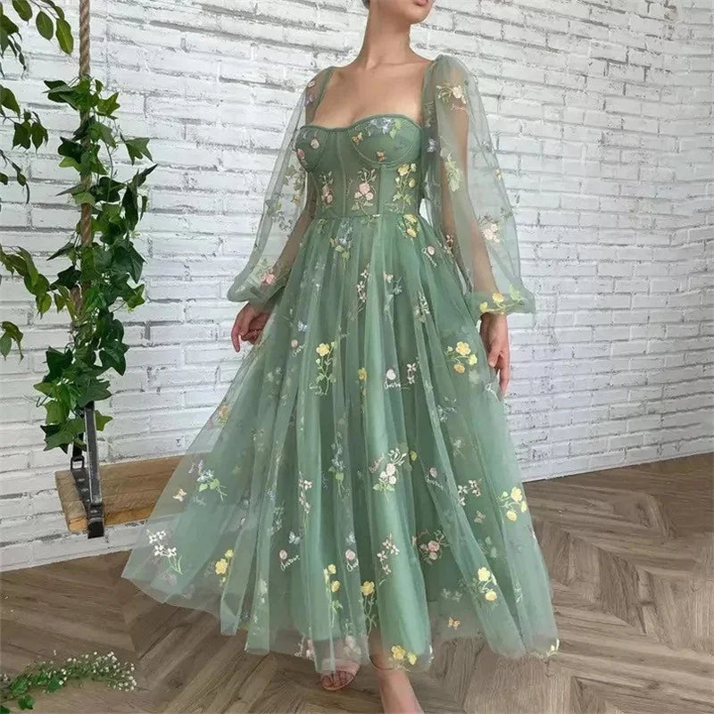 Floral Tulle Maxi Dress Boat Neck Puff Sleeves Evening