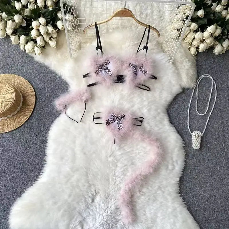 Leopard Print Two Piece Lingerie Set With Camisole Hollow Out Shorts