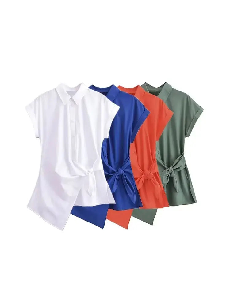 Stylish Asymmetric Poplin Shirt for Women with Front Knot Ties Short Sleeve Button-Up Chic Blouse Top by TRZA.