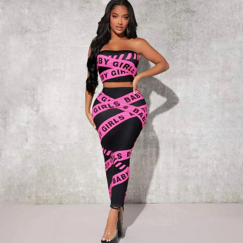 Women’s Autumn Two-Piece Set Sleeveless Retro Letter Print Strapless Top with High Waist Slim Skirt Casual Streetwear Outfit