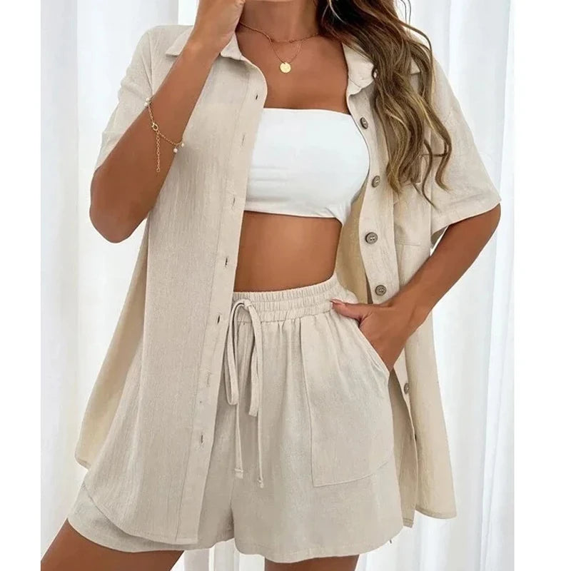 Elevate your style with this Women’s Summer Two Piece Set Cotton Short Sleeve Shirt and Drawstring Shorts Outfit.