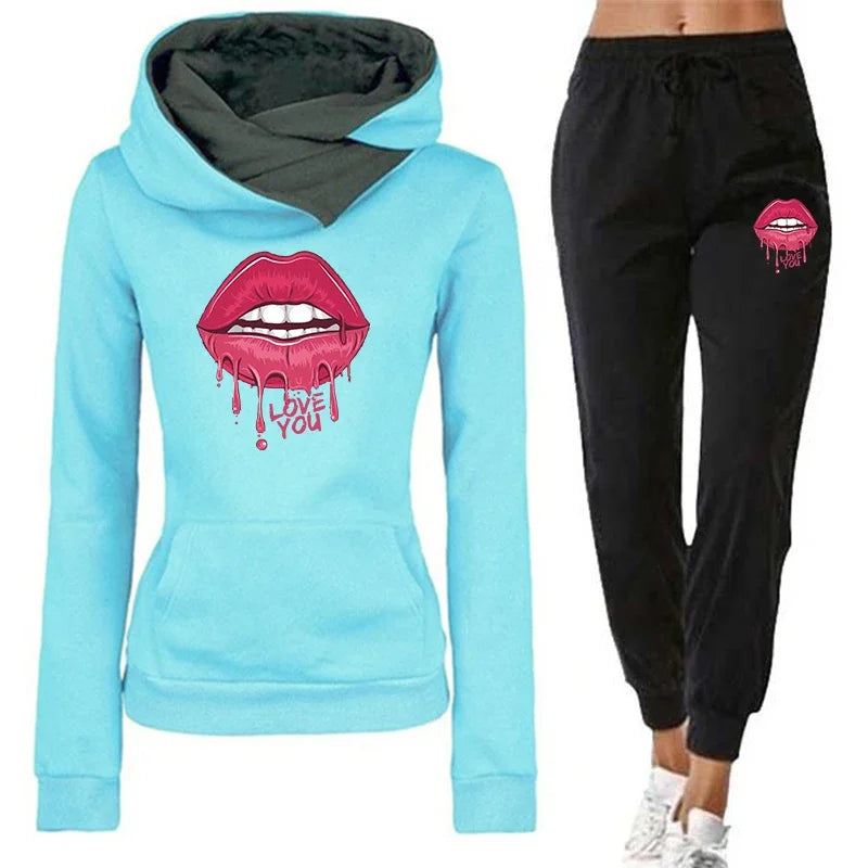 Stylish Women's Printed Jogging Set High Collar Hoodie and Sports Pants Two-Piece Sportswear Tracksuit for active wear.