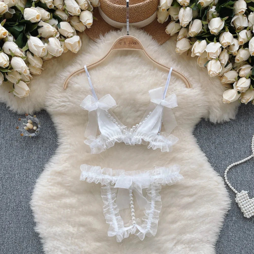 Elegant Ladies Sexy Sweet Cutout Butterfly Knot Beaded Trim Pearl Mesh Ribbon Lingerie Set with Matching Pants.