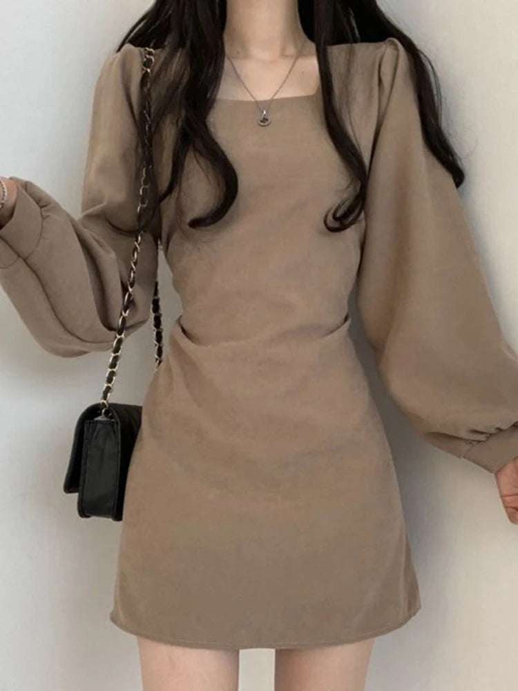 Women Square Collar Mini Dress Summer Sundress Chic