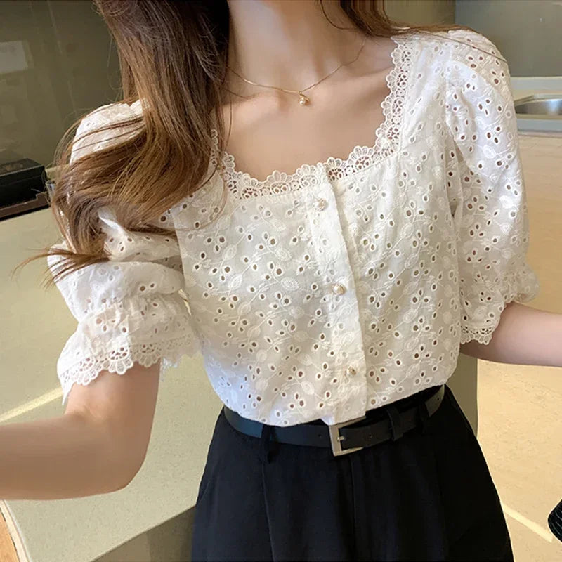 Elegant White Lace Blouse for Women Short Sleeve Square Collar Hollow Out Summer Shirt, chic and breathable summer wear.