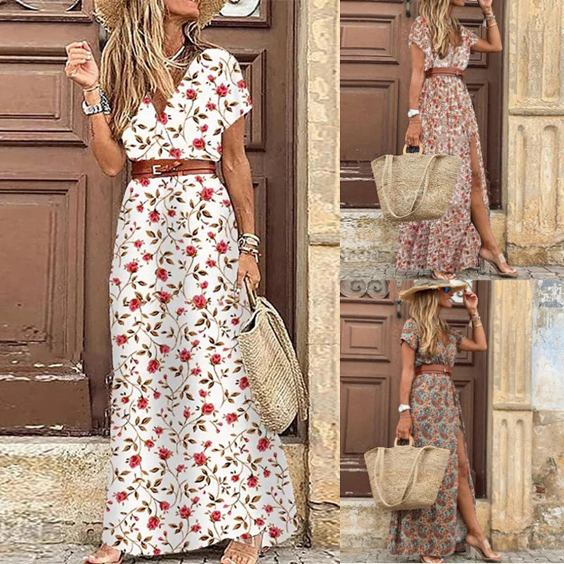 V Neck Midi Dress With Belt Slim Irregular Retro Print