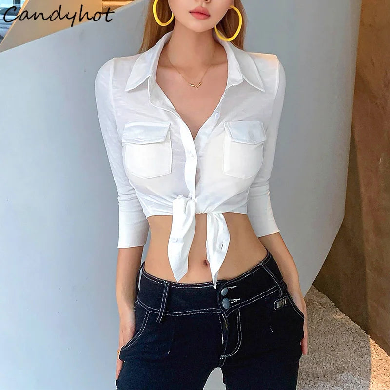 Stylish Candyhot Sexy Polo Neck Button Up Crop Top Cardigan with Long Sleeves Twist Knot Bandage Vest for Women.