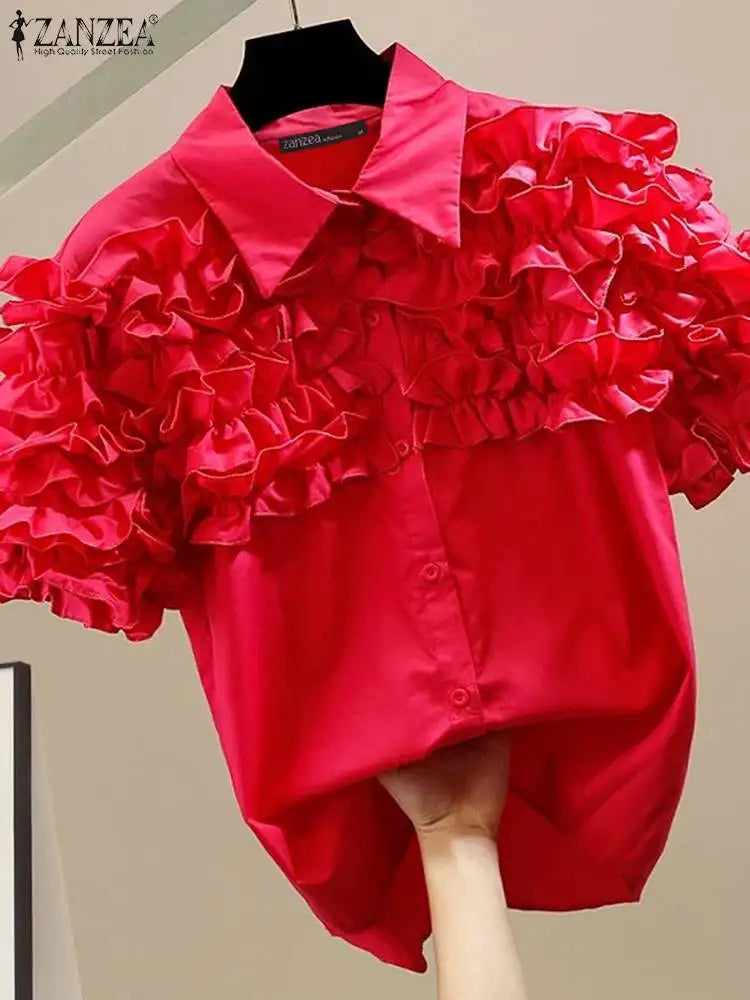 Bright red Women’s Ruffle Trim Short Sleeve Blouse with Turn-Down Collar Casual Button-Up by ZANZEA, perfect for summer style.