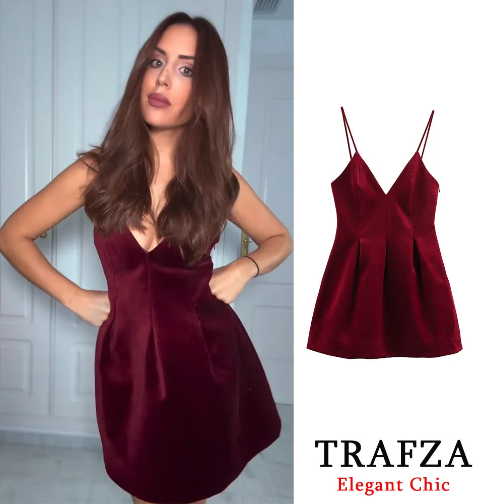 Velvet Mini Dress Backless Burgundy Thin Strap Party Dress