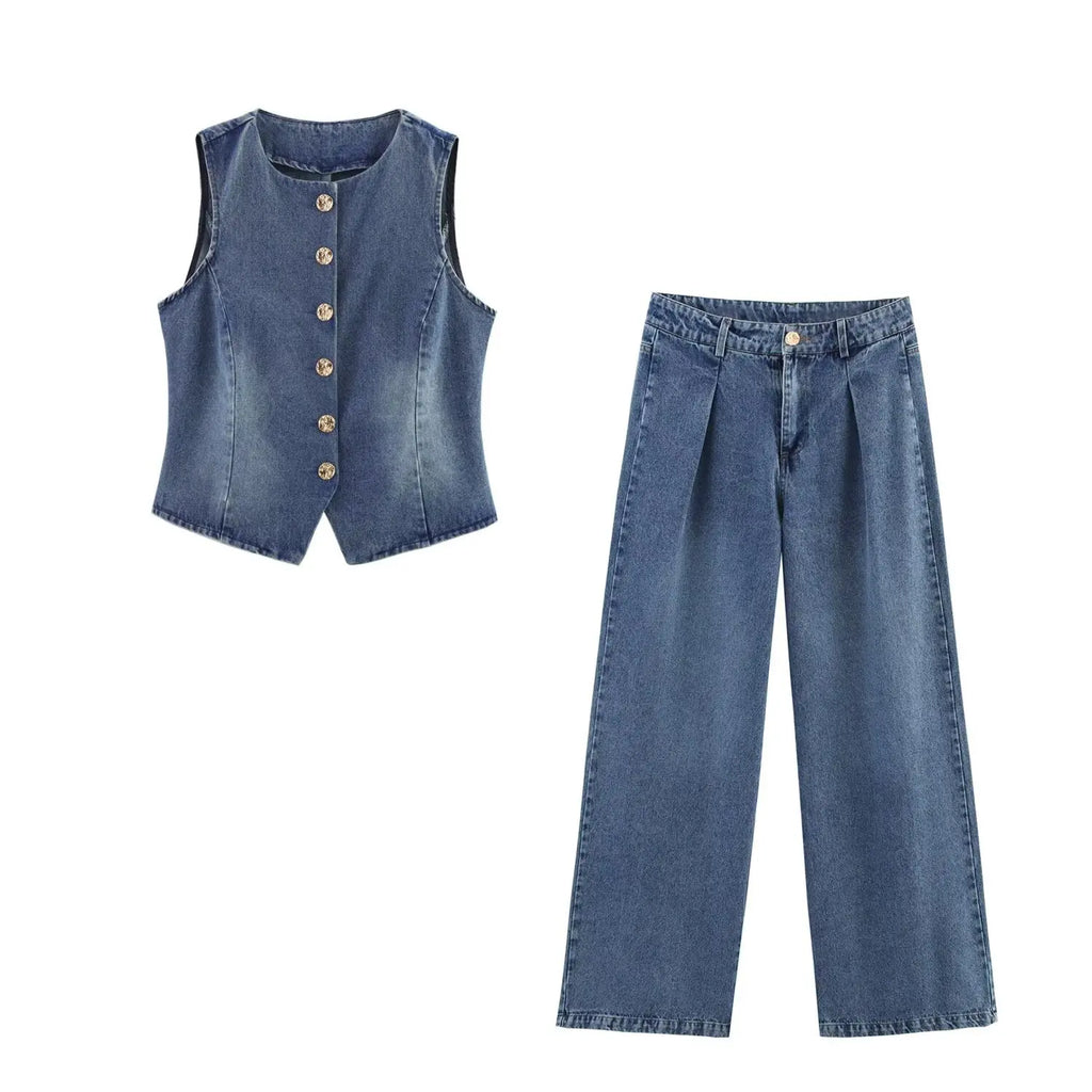 Chic Slim-Fit Denim Vest and High Waist Wide Leg Trousers Set for Women with Crew Neck Single Breasted Top for spring style.