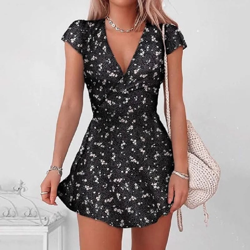 Floral Mini Dress With Short Sleeves For Summer Outfit