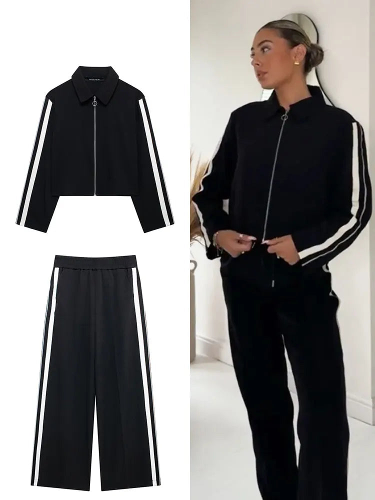 Stylish Women's Fashion Side Stripe Coat Pant Set with Long Sleeve Zipper Jacket and Elastic Waist Wide Leg Pants.