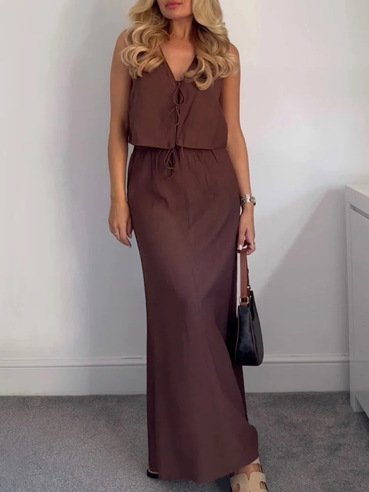 Summer Women's Elegant Solid Color Skirt Set Casual V-neck Bow Lace-Up Sleeveless Crop Vest Top with Loose Drawstring Midi Skirt