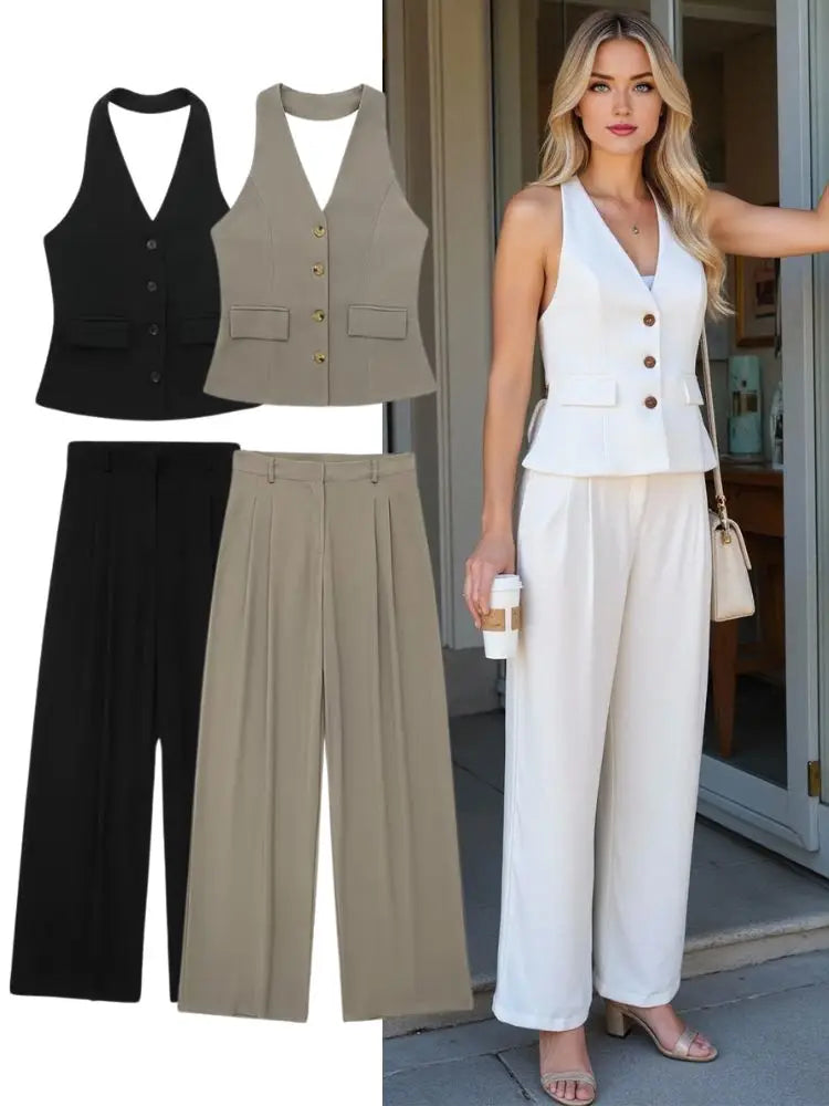 Stylish Women's 2 Piece Halter Neck Vest and Wide Leg Pant Set with Pockets, perfect for casual or semi-formal occasions.