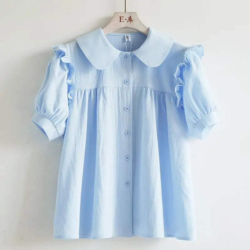 Blue Peter Pan Collar Single Breasted Short Sleeve Loose Fit Women's Blouse Shirt Lightweight Casual Top in soft blue.