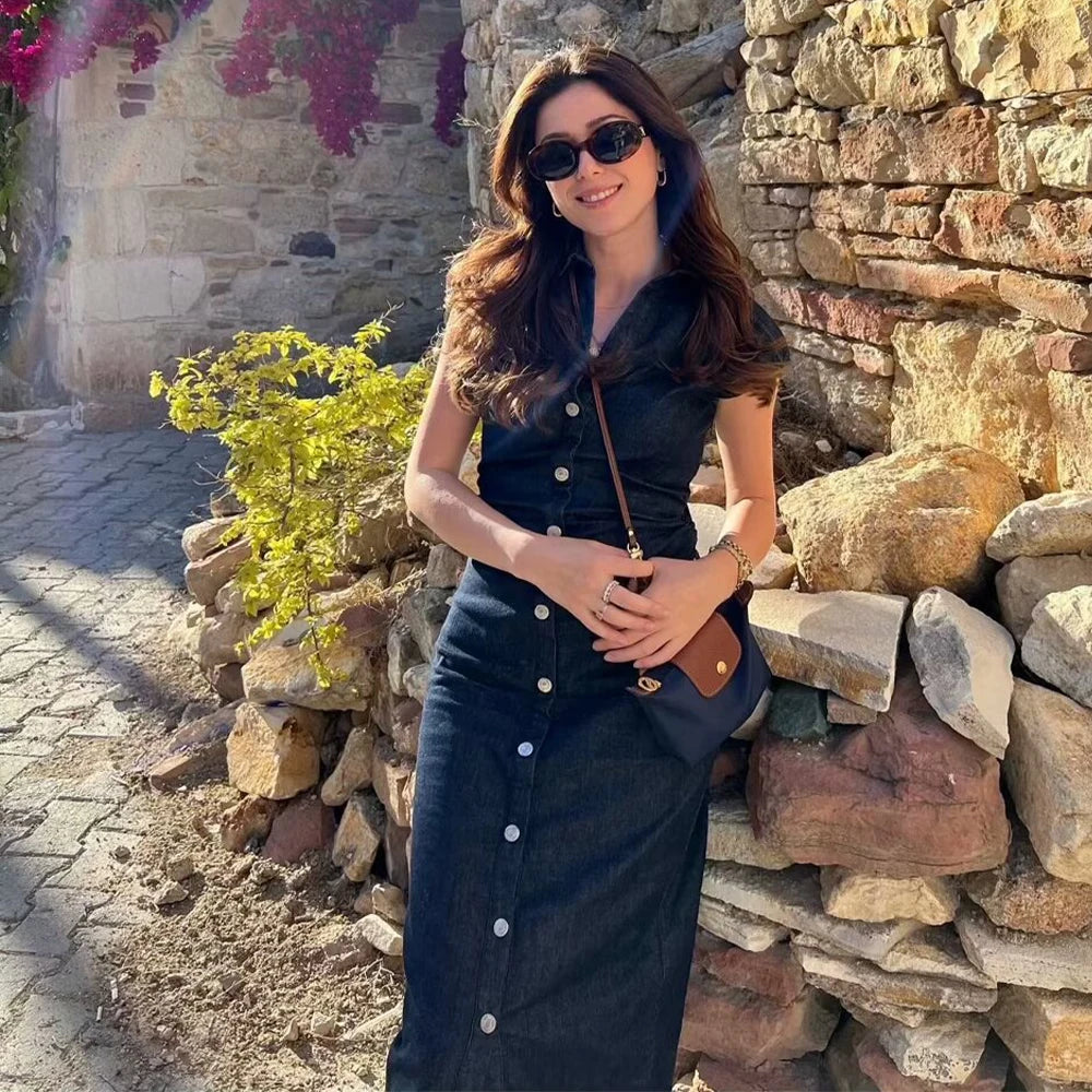 Casual Sleeveless Shirt Dress For Women Flip Collar Midi