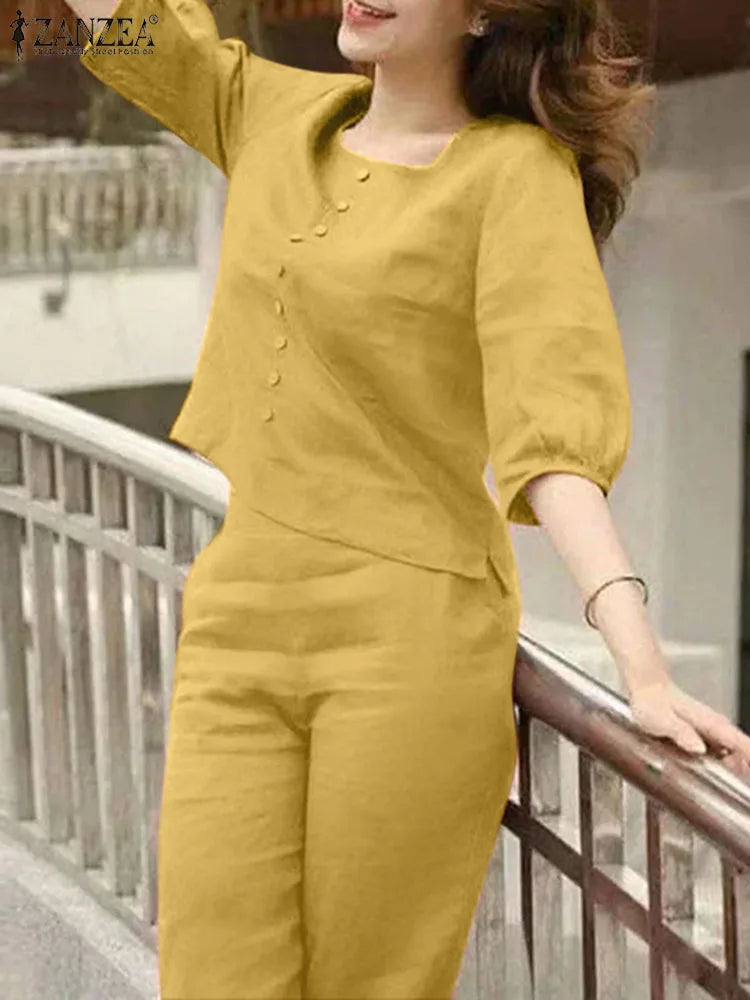 Women's Puff Sleeve Blouse and Trousers Set Two-Piece Solid Color Office Suit