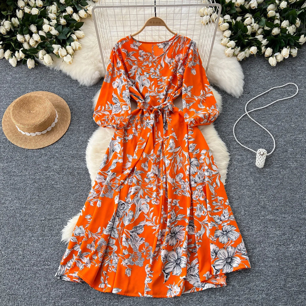 Boho Floral Print Pleated Maxi Dress With Puff Sleeves Belt