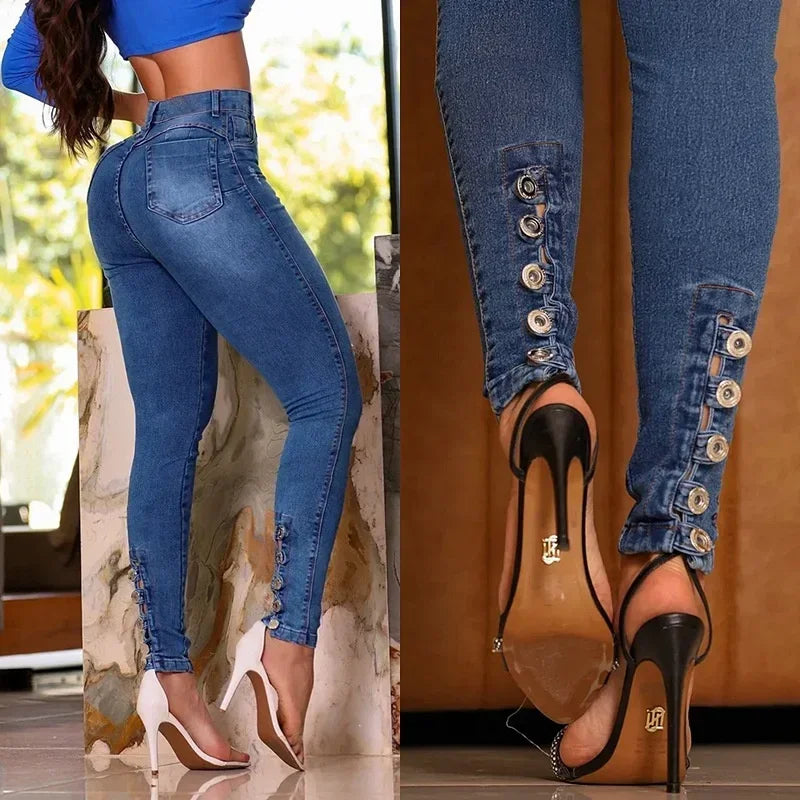 High Waist Skinny Jeans For Women Button Denim Trousers